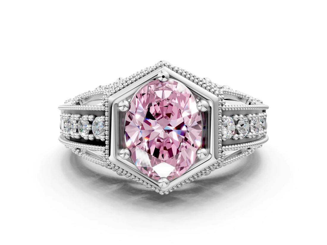 Platinum Hexagon Bezel Fancy Pink Oval Cut Diamond Milgrain Split Shank Ring_12