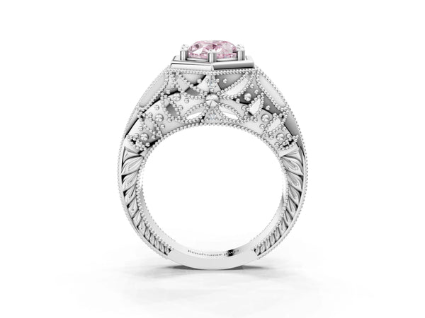 Platinum Hexagon Bezel Fancy Pink Oval Cut Diamond Milgrain Split Shank Ring