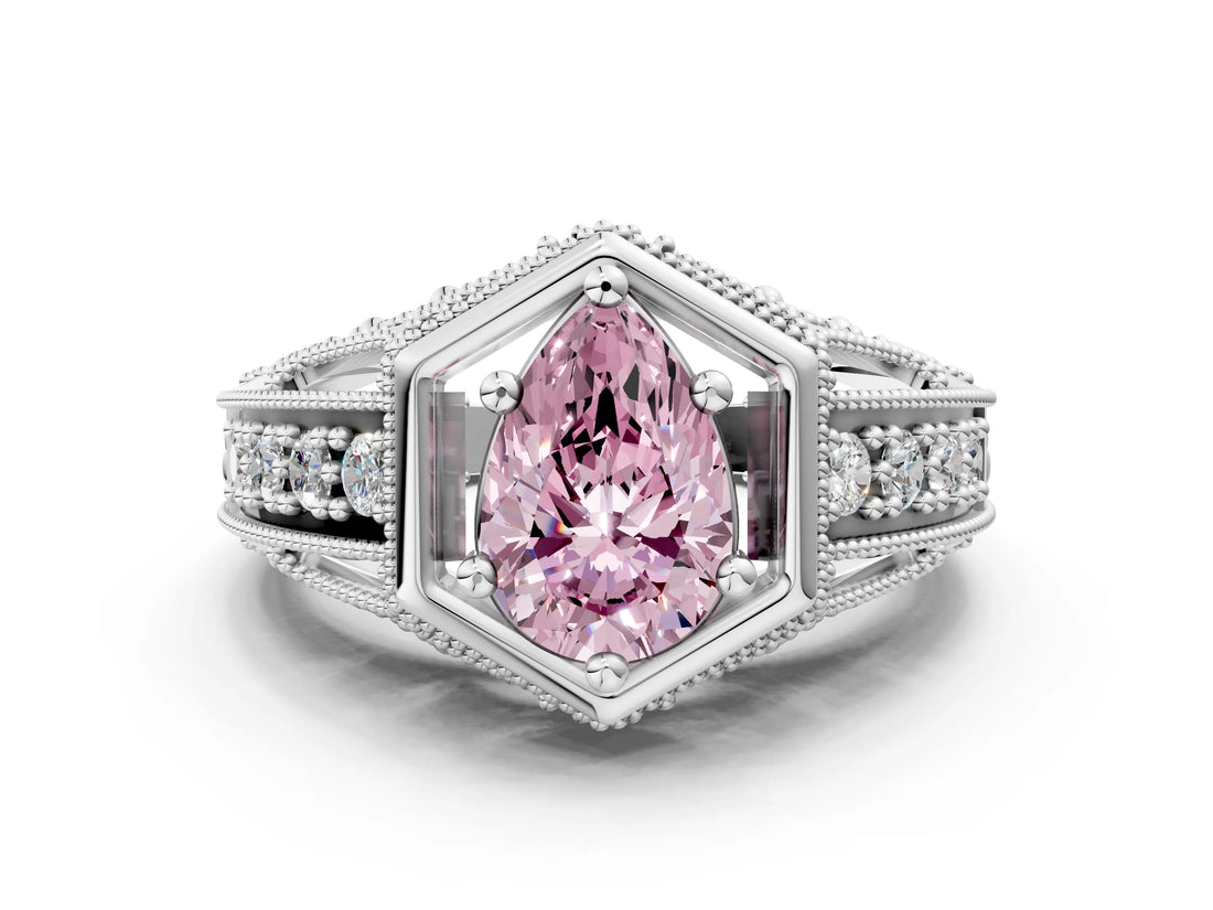 Platinum Hexagon Bezel Fancy Pink Pear Cut Diamond Milgrain Split Shank Ring_12
