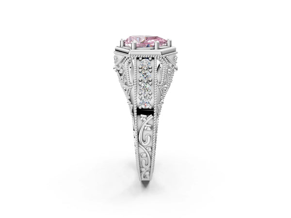 Platinum Hexagon Bezel Fancy Pink Pear Cut Diamond Milgrain Split Shank Ring