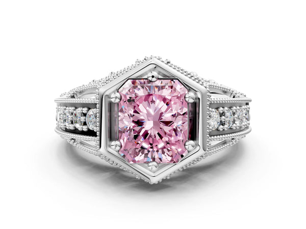 Platinum Hexagon Bezel Fancy Pink Radiant Cut Diamond Milgrain Split Shank Ring
