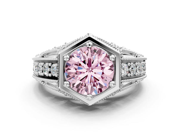Platinum Hexagon Bezel Fancy Pink Round Cut Diamond Milgrain Split Shank Ring
