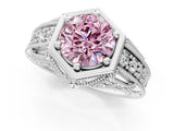Platinum Hexagon Bezel Fancy Pink Round Cut Diamond Milgrain Split Shank Ring_7