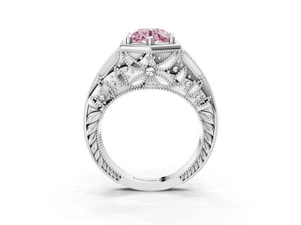 Platinum Hexagon Bezel Fancy Pink Round Cut Diamond Milgrain Split Shank Ring