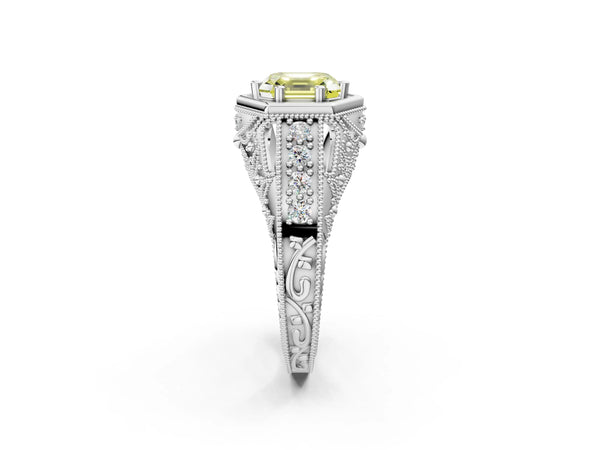 Platinum Hexagon Bezel Fancy Yellow Asscher Cut Diamond Milgrain Split Shank Ring