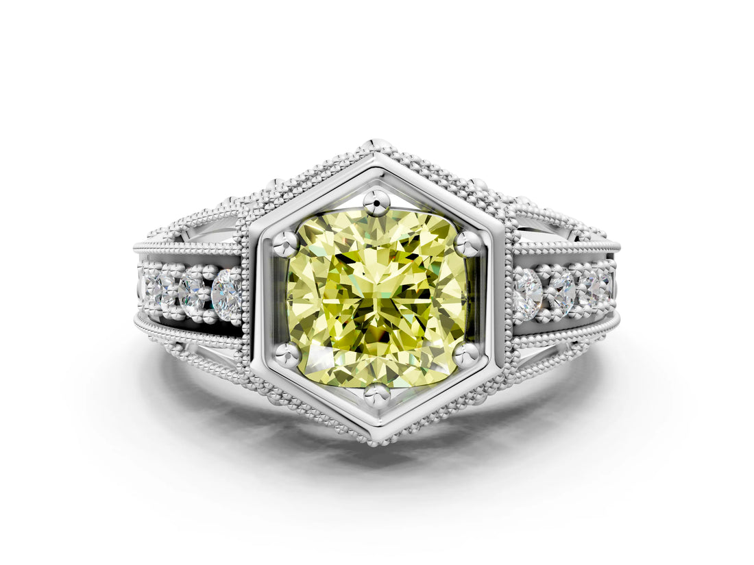 Platinum Hexagon Bezel Fancy Yellow Cushion Cut Diamond Milgrain Split Shank Ring_6