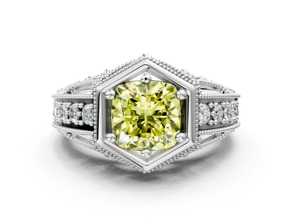 Platinum Hexagon Bezel Fancy Yellow Cushion Cut Diamond Milgrain Split Shank Ring