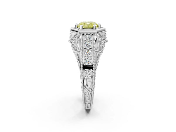 Platinum Hexagon Bezel Fancy Yellow Cushion Cut Diamond Milgrain Split Shank Ring