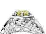 Platinum Hexagon Bezel Fancy Yellow Emerald Cut Diamond Milgrain Split Shank Ring_10