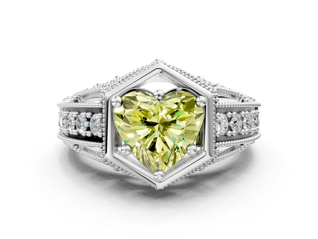 Platinum Hexagon Bezel Fancy Yellow Heart Cut Diamond Milgrain Split Shank Ring_12