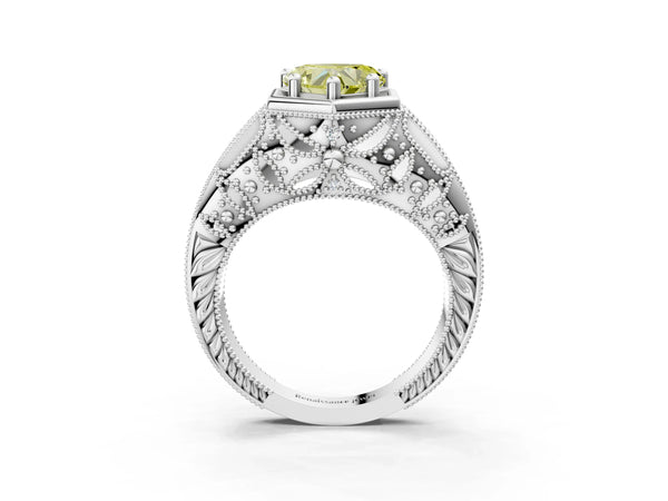Platinum Hexagon Bezel Fancy Yellow Heart Cut Diamond Milgrain Split Shank Ring