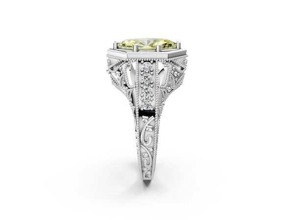 Platinum Hexagon Bezel Fancy Yellow Marquise Cut Diamond Milgrain Split Shank Ring