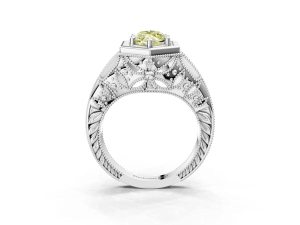 Platinum Hexagon Bezel Fancy Yellow Marquise Cut Diamond Milgrain Split Shank Ring