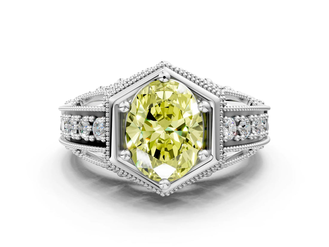 Platinum Hexagon Bezel Fancy Yellow Oval Cut Diamond Milgrain Split Shank Ring_12
