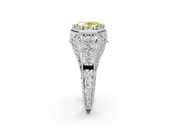 Platinum Hexagon Bezel Fancy Yellow Oval Cut Diamond Milgrain Split Shank Ring