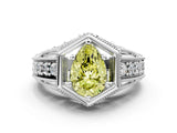 Platinum Hexagon Bezel Fancy Yellow Pear Cut Diamond Milgrain Split Shank Ring_36