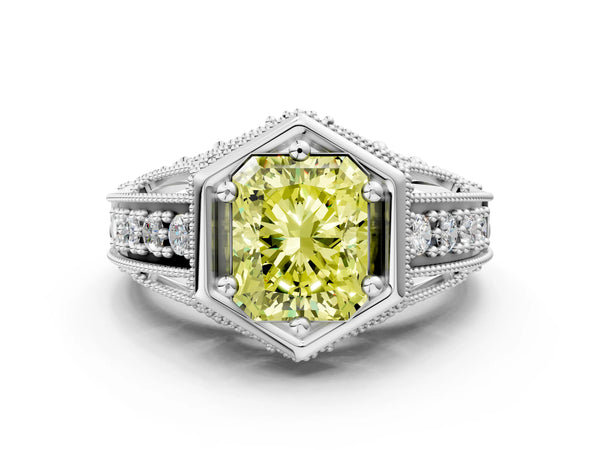 Platinum Hexagon Bezel Fancy Yellow Radiant Cut Diamond Milgrain Split Shank Ring