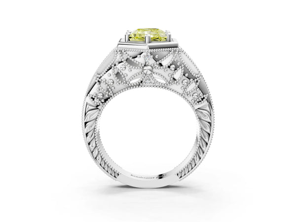 Platinum Hexagon Bezel Fancy Yellow Radiant Cut Diamond Milgrain Split Shank Ring