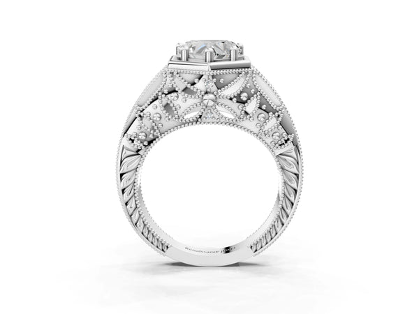 Platinum Hexagon Bezel Heart Cut Diamond Milgrain Split Shank Ring