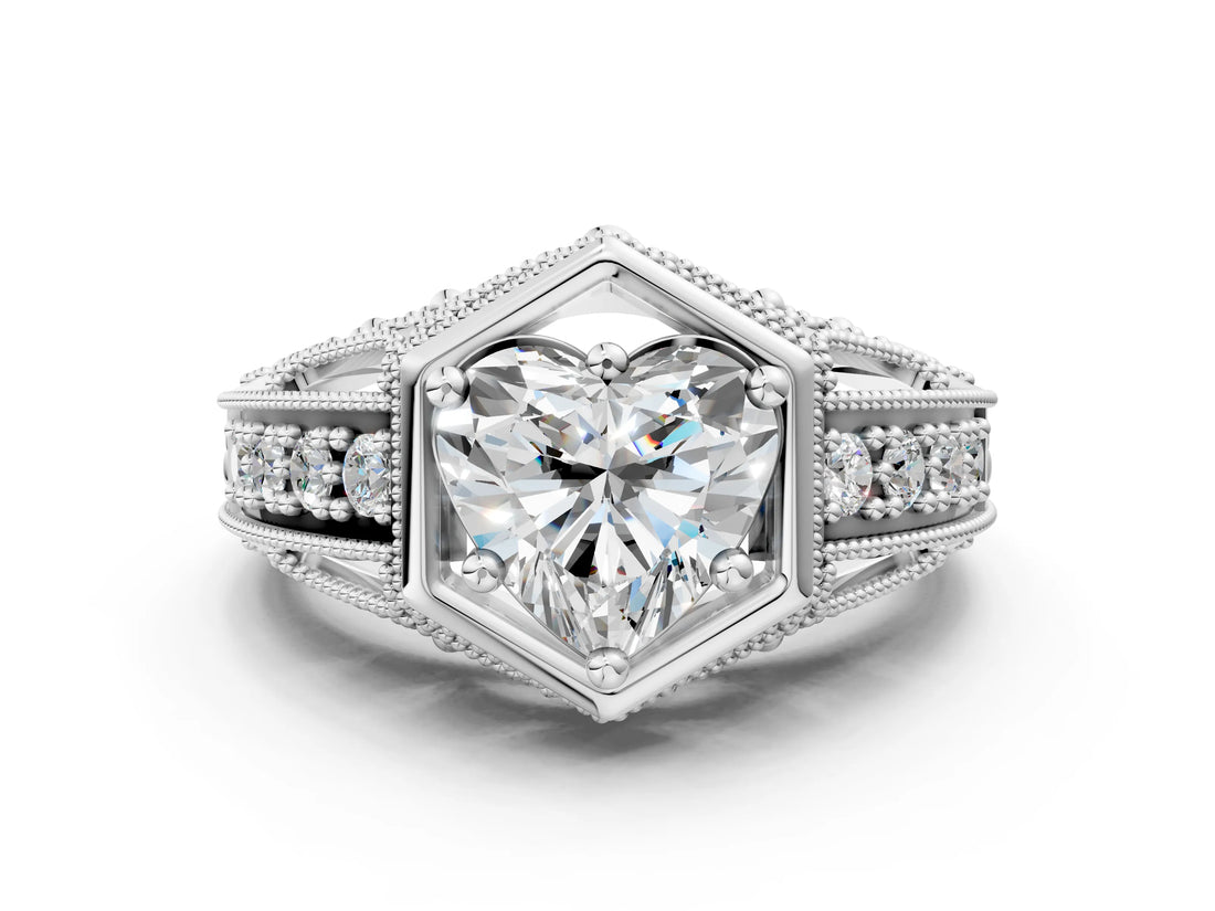 Platinum Hexagon Bezel Heart Cut Diamond Milgrain Split Shank Ring_7