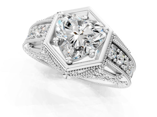 Platinum Hexagon Bezel Heart Cut Diamond Milgrain Split Shank Ring