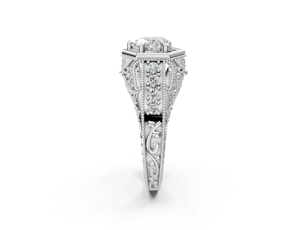 Platinum Hexagon Bezel Heart Cut Diamond Milgrain Split Shank Ring