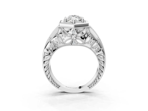 Platinum Hexagon Bezel Marquise Cut Diamond Milgrain Split Shank Ring