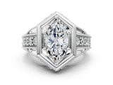 Platinum Hexagon Bezel Marquise Cut Diamond Milgrain Split Shank Ring_7