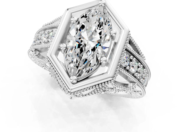Platinum Hexagon Bezel Marquise Cut Diamond Milgrain Split Shank Ring