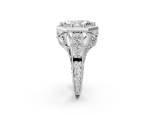 Platinum Hexagon Bezel Marquise Cut Diamond Milgrain Split Shank Ring