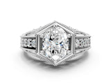 Platinum Hexagon Bezel Oval Cut Diamond Milgrain Split Shank Ring_7