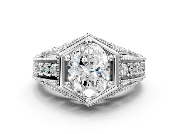 Platinum Hexagon Bezel Oval Cut Diamond Milgrain Split Shank Ring
