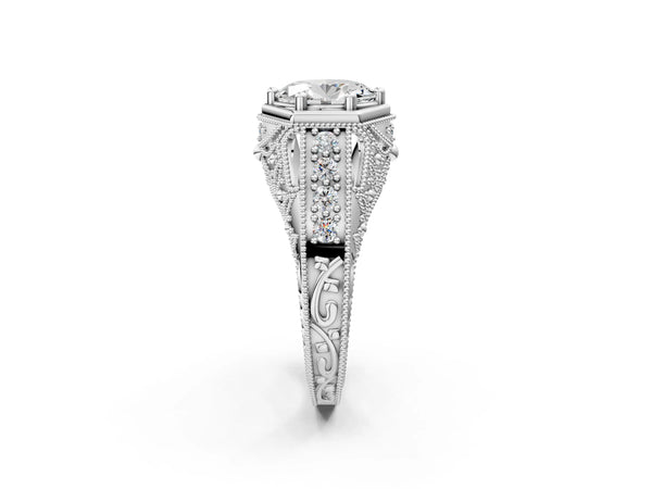 Platinum Hexagon Bezel Oval Cut Diamond Milgrain Split Shank Ring