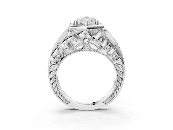 Platinum Hexagon Bezel Pear Cut Diamond Milgrain Split Shank Ring