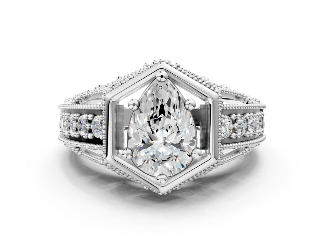 Platinum Hexagon Bezel Pear Cut Diamond Milgrain Split Shank Ring_7