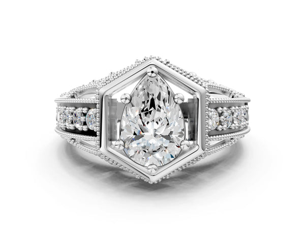 Platinum Hexagon Bezel Pear Cut Diamond Milgrain Split Shank Ring