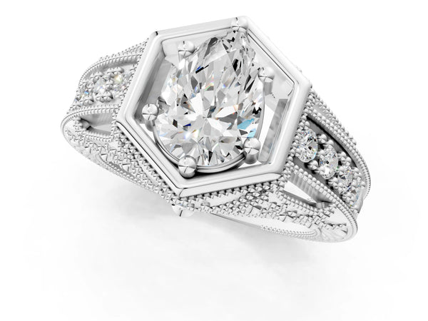 Platinum Hexagon Bezel Pear Cut Diamond Milgrain Split Shank Ring