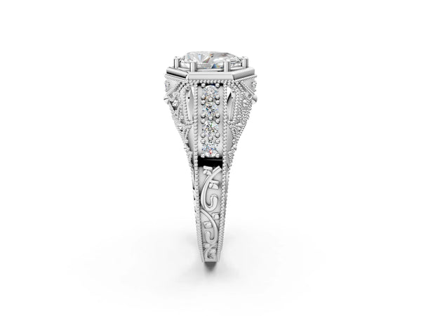 Platinum Hexagon Bezel Pear Cut Diamond Milgrain Split Shank Ring