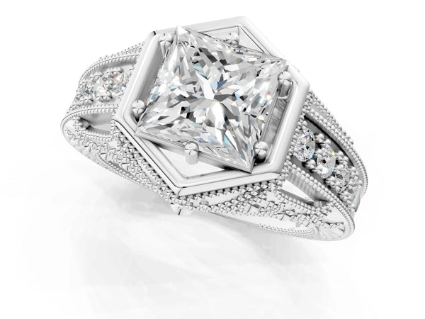 Platinum Hexagon Bezel Princess Cut Diamond Milgrain Split Shank Ring