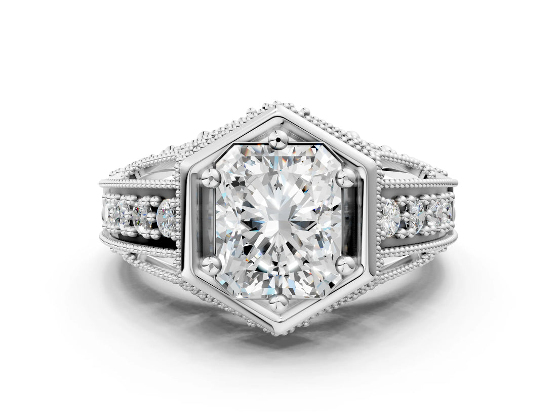 Platinum Hexagon Bezel Radiant Cut Diamond Milgrain Split Shank Ring_7
