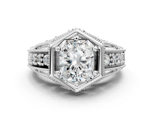 Platinum Hexagon Bezel Radiant Cut Diamond Milgrain Split Shank Ring