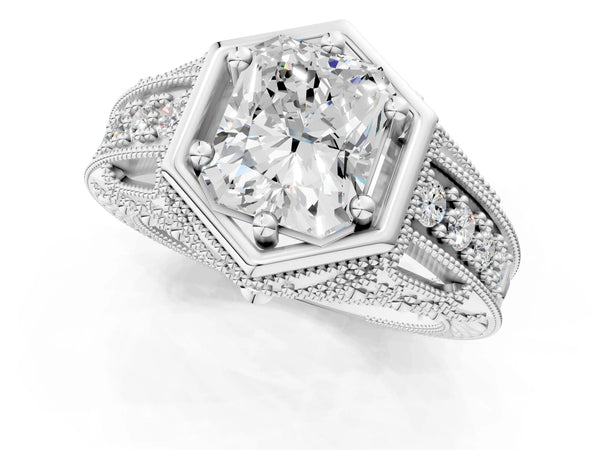 Platinum Hexagon Bezel Radiant Cut Diamond Milgrain Split Shank Ring