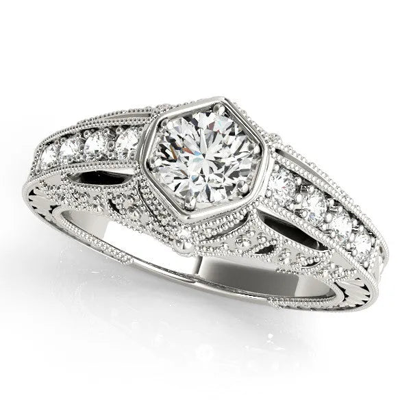Platinum Hexagon Bezel Round Diamond Milgrain Split Shank Ring