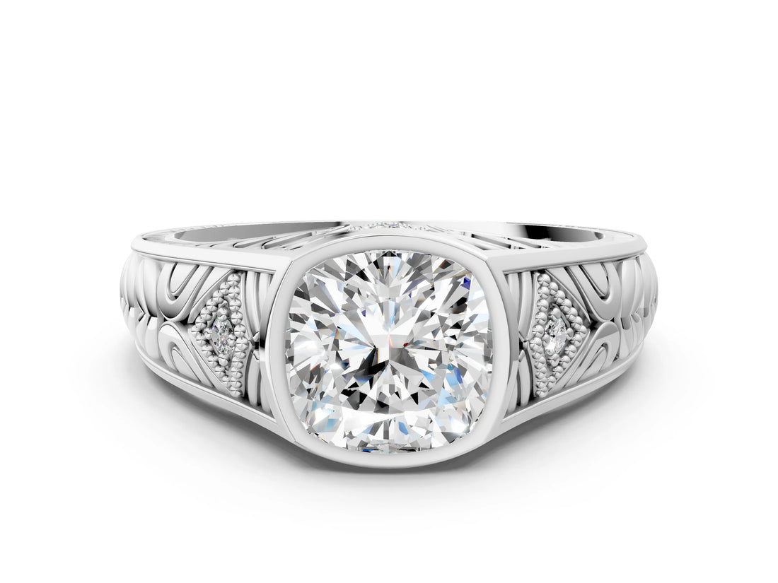 Platinum Hexagonal Bezel Cushion Diamond Engraved Band Prong Ring_6