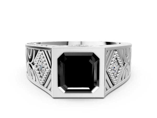 Platinum Hexagonal Bezel Fancy Black Asscher Cut Diamond Engraved Band Prong Ring