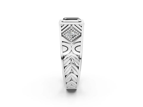 Platinum Hexagonal Bezel Fancy Black Asscher Cut Diamond Engraved Band Prong Ring_14