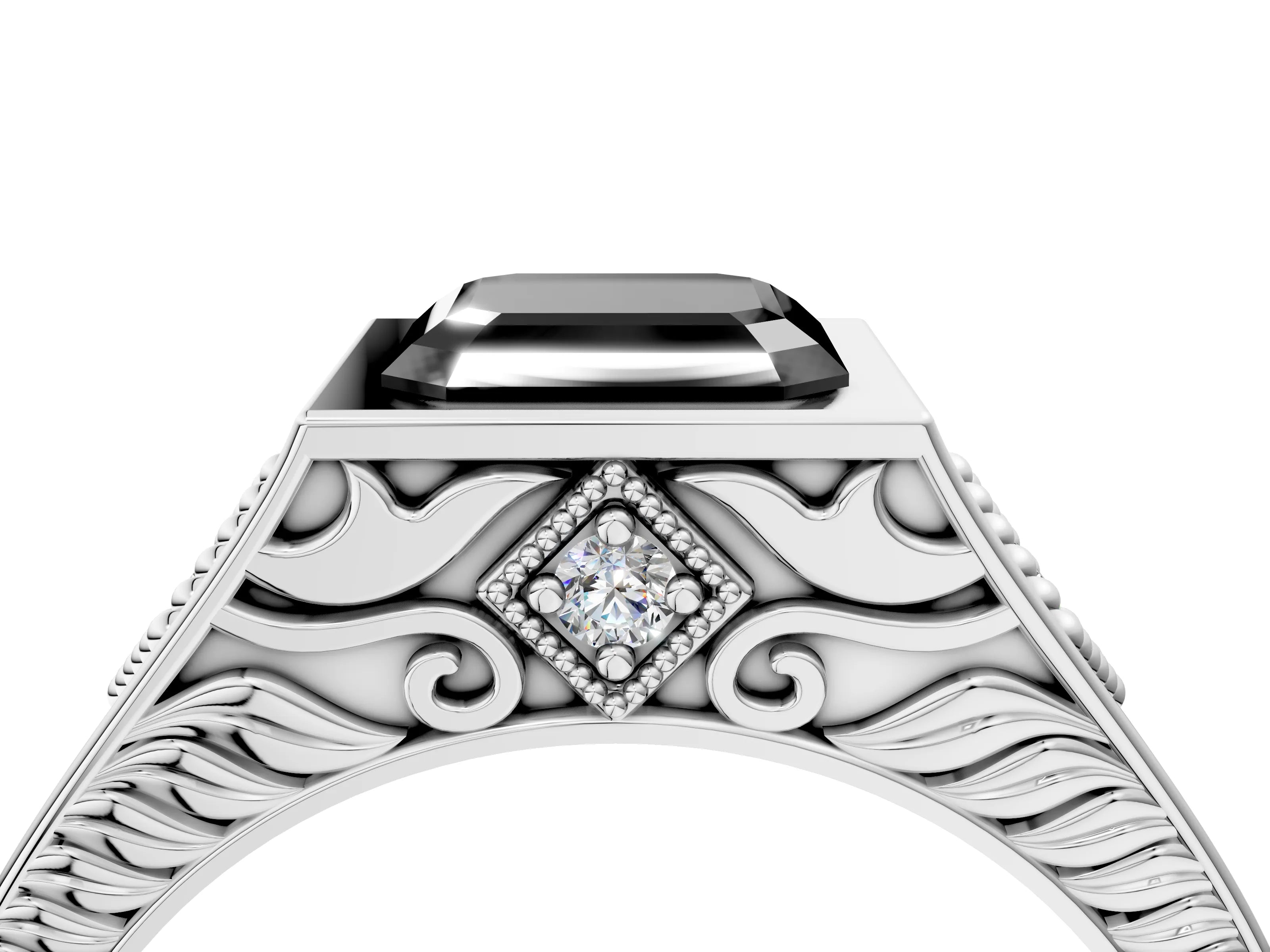 Platinum Hexagonal Bezel Fancy Black Asscher Cut Diamond Engraved Band Prong Ring_16