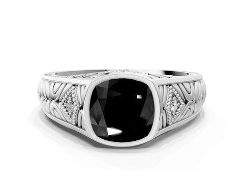 Platinum Hexagonal Bezel Fancy Black Cushion Cut Diamond Engraved Band Prong Ring_36