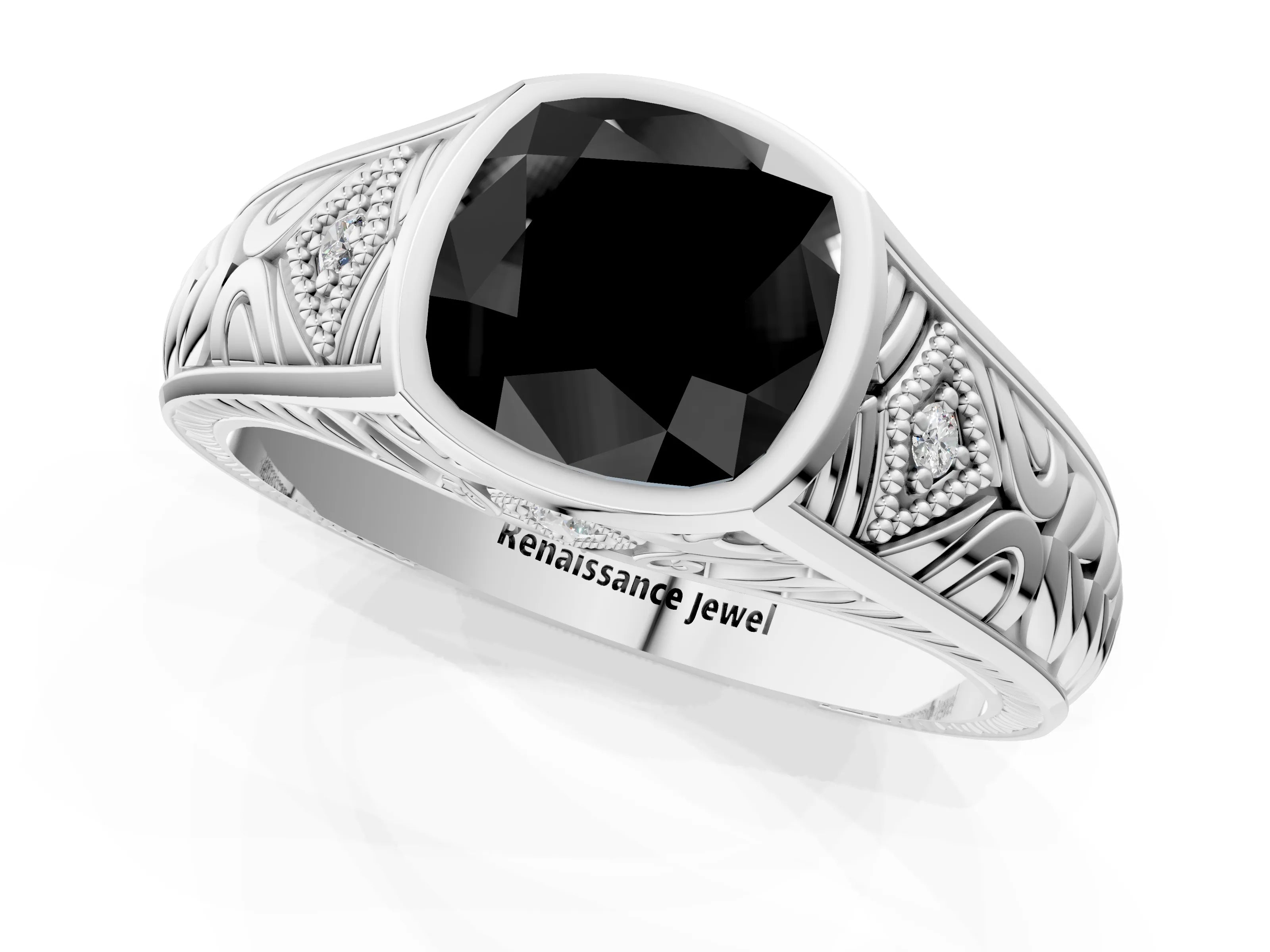 Platinum Hexagonal Bezel Fancy Black Cushion Cut Diamond Engraved Band Prong Ring_37