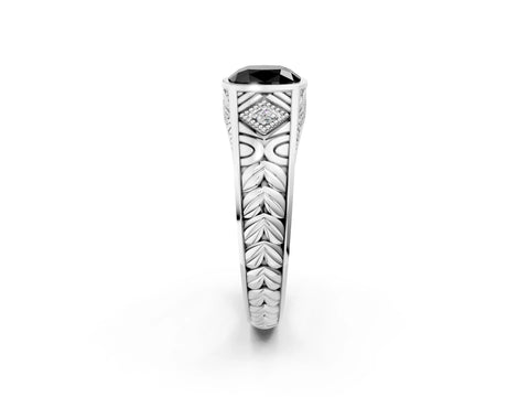Platinum Hexagonal Bezel Fancy Black Cushion Cut Diamond Engraved Band Prong Ring_38